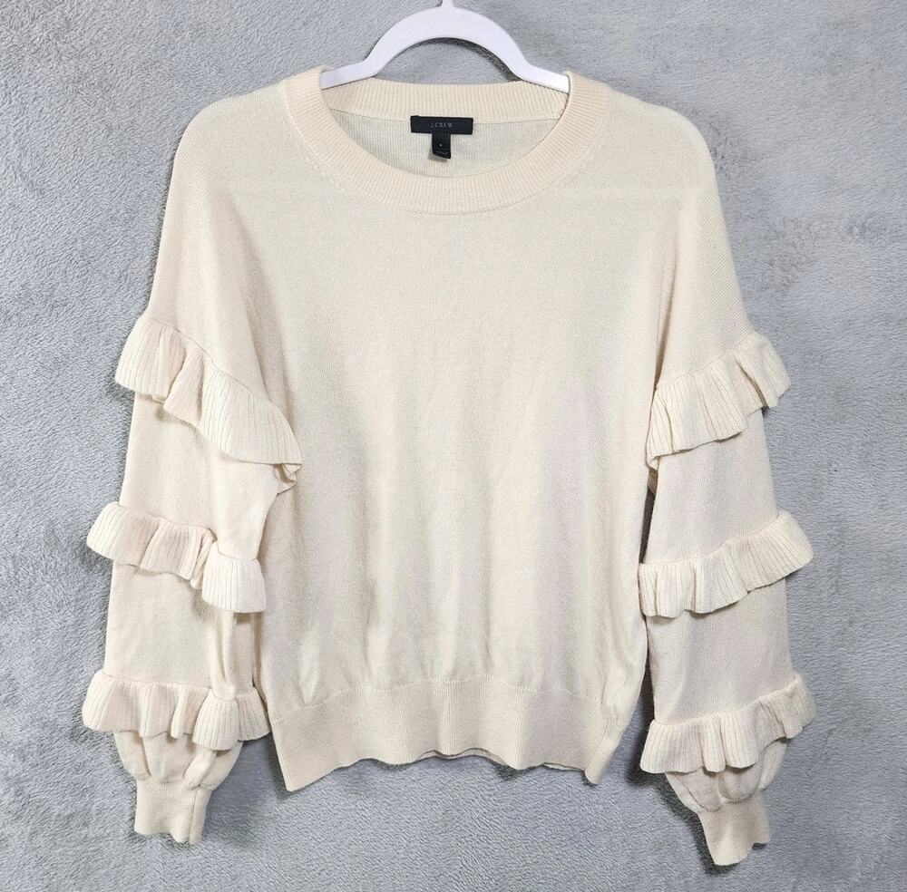 J.Crew Small Ivory Ruffle Sleeve Knit Sweater Crewneck Wool Blend Womens Small